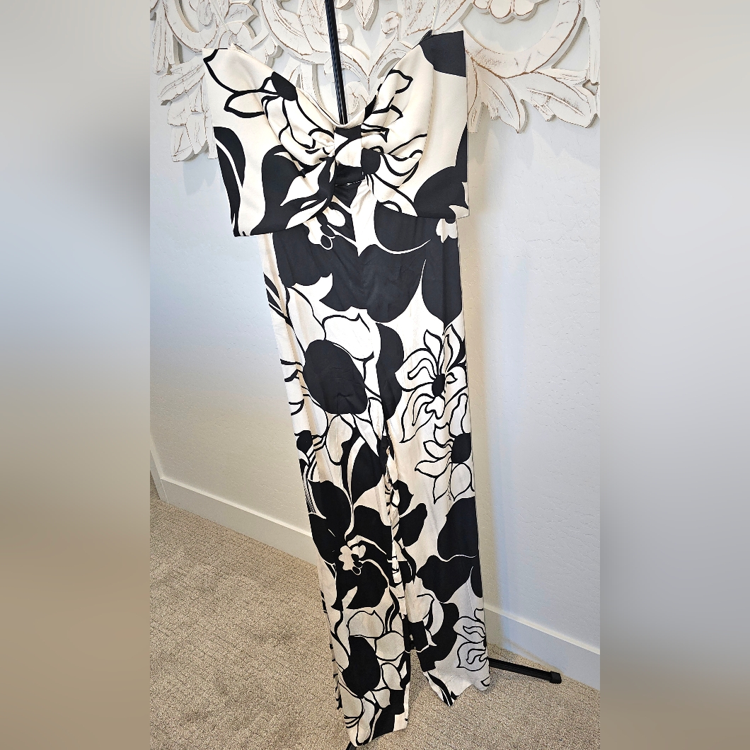 Nwt Tara Jarmon Black And Cream Floral Jumpsuit "Statement Bow" Size 6